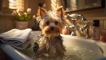 AI generated Cute puppy sitting in bathtub, enjoying a playful grooming session generated by AI photo