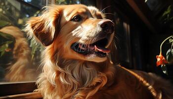 AI generated Cute puppy sitting outdoors, looking at camera with cheerful smile generated by AI photo