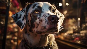 AI generated Cute puppy sitting outdoors, looking at camera, surrounded by Christmas lights generated by AI photo