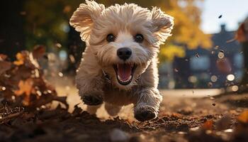 ai generado linda perrito jugando al aire libre, corriendo en el césped con alegría generado por ai foto
