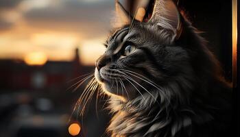 AI generated Cute kitten sitting, staring at sunset, playful and relaxed generated by AI photo