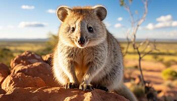 AI generated Cute meerkat sitting on grass, looking at camera, alert and fluffy generated by AI photo