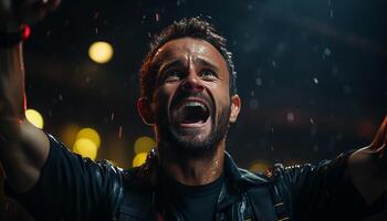 AI generated One man screaming with joy in the dark rain generated by AI photo