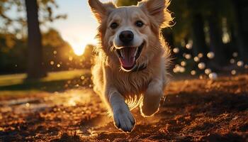 AI generated A cute puppy playing in the meadow, enjoying the sunlight generated by AI photo