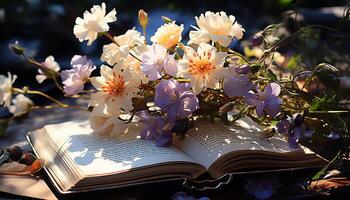 ai generado leyendo literatura al aire libre, un Fresco flor flores en un antiguo libro generado por ai foto