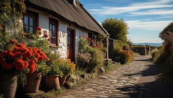 AI generated Idyllic cottage surrounded by colorful flowers in a rustic landscape generated by AI photo