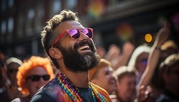 AI generated A cheerful crowd enjoys the music festival outdoors, carefree and excited generated by AI photo