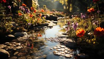 AI generated The vibrant tulip blossoms in the meadow, reflecting in the pond generated by AI photo