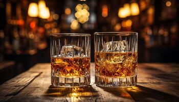 ai generado lujo noche a el bar, Bebiendo escocés whisky con elegancia generado por ai foto