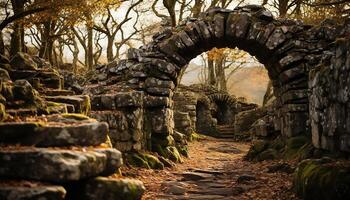 ai generado antiguo restos en otoño bosque, naturaleza arquitectura, famoso antiguo civilización generado por ai foto