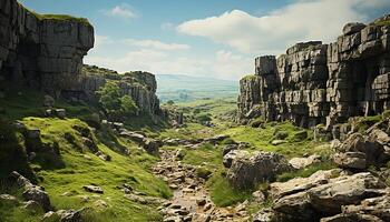 AI generated Majestic mountain peak, tranquil meadow, panoramic sky, remote hiking generated by AI photo