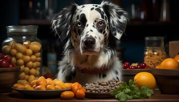 AI generated Cute puppy sitting, looking at camera, eating healthy fruit generated by AI photo