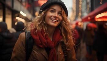 AI generated Young woman walking in the city, smiling with joy and elegance generated by AI photo