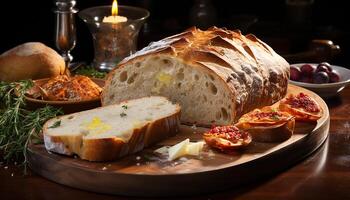 AI generated Freshly baked ciabatta bread on a rustic wooden table generated by AI photo