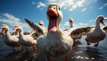 ai generado un vistoso grupo de aves anadear en el prado generado por ai foto