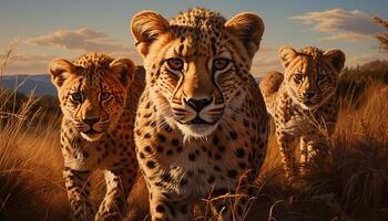 AI generated Majestic cheetahs walking in the African wilderness, spotted beauty in nature generated by AI photo