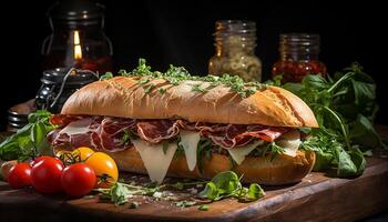 AI generated Freshness on a wooden table gourmet sandwich with prosciutto and vegetables generated by AI photo