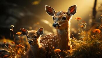 AI generated Cute fawn hiding in meadow, looking at camera in summer generated by AI photo