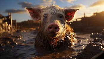 AI generated Cute piglet enjoys the wet mud on a summer farm generated by AI photo