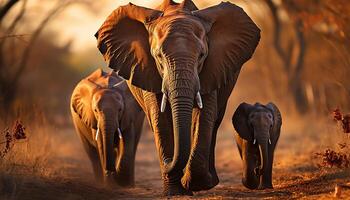 ai generado elefante manada caminando en africano sabana a puesta de sol generado por ai foto