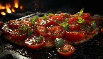 AI generated Fresh grilled tomato, mozzarella, and bread a healthy gourmet meal generated by AI photo