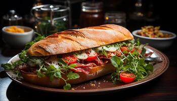 ai generado A la parrilla emparedado en ciabatta, Fresco carne, tomate, y vegetales generado por ai foto