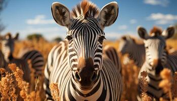 AI generated Zebras grazing in the African savannah, a stunning wildlife portrait generated by AI photo