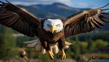 AI generated Majestic bald eagle flying freely in nature, showcasing its beauty generated by AI photo