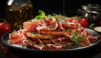 AI generated Fresh prosciutto, smoked bacon, grilled meat, healthy salad, rustic bread generated by AI photo