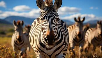 AI generated Zebra herd grazing on plain, nature beauty in Africa generated by AI photo