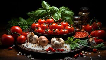ai generado Fresco tomate, ajo, hoja, sano comiendo, vegetariano alimento, especia, orgánico, hierba, pasta, ensalada generado por ai foto