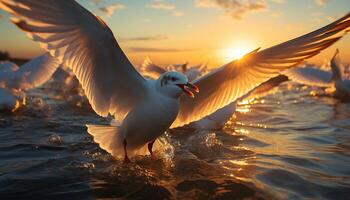 AI generated Seagull flying at sunset, freedom in nature tranquil beauty generated by AI photo