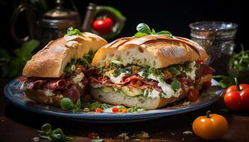 ai generado frescura en plato A la parrilla carne de res, tomate, verdura, ensalada, ciabatta generado por ai foto