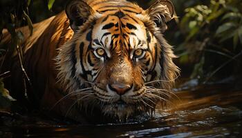 AI generated Majestic Bengal tiger staring, beauty in nature, wildcat in wilderness generated by AI photo