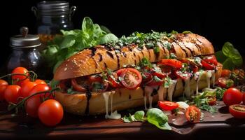 ai generado frescura en plato A la parrilla carne, tomate, ciabatta, queso Mozzarella, hoja generado por ai foto