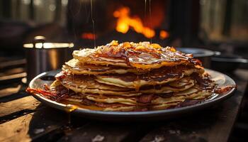 AI generated Stack of homemade pancakes with syrup and fresh fruit generated by AI photo