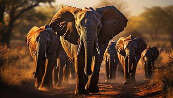 AI generated Large group of African elephants walking in the African savannah generated by AI photo