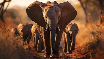 AI generated Endangered African elephant herd walking in tranquil savannah landscape generated by AI photo