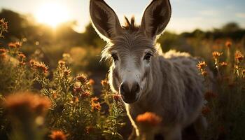 AI generated Cute goat grazing in green meadow at sunset generated by AI photo
