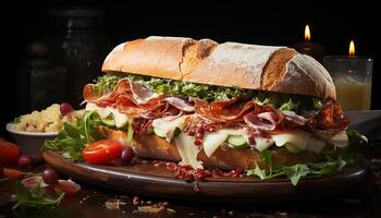 AI generated Freshness on a wooden table gourmet sandwich, healthy salad generated by AI photo