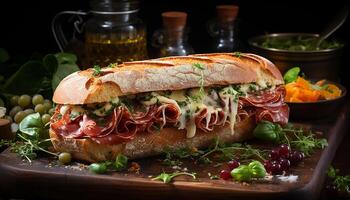 ai generado A la parrilla carne de vaca emparedado en ciabatta, Fresco ensalada, rústico madera plato generado por ai foto