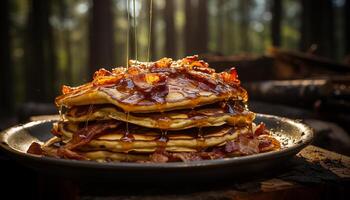 AI generated Freshly cooked pancakes stack on plate, drizzled with sweet syrup generated by AI photo