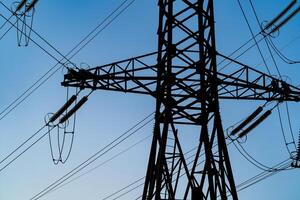 Pylons or transmission towers in countryside on beautiful blue sky background. Landscape with high-voltage transmission towers. photo