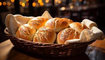 AI generated Freshly baked bread on wooden table, a homemade healthy snack generated by AI photo