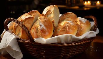 AI generated Freshly baked bread in a wicker basket, ready to eat and crunchy generated by AI photo