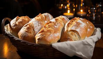 AI generated Freshly baked bread on wooden table, a delicious homemade snack generated by AI photo