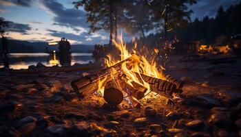 AI generated Glowing campfire heats summer night, grilling food for outdoor picnic generated by AI photo