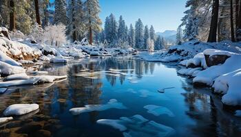 AI generated Tranquil winter landscape frozen pond reflects blue mountain peak generated by AI photo