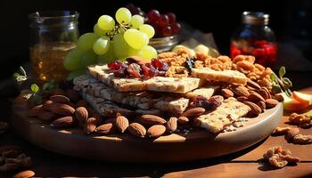 ai generado Fresco Fruta y almendra bocadillo en un de madera mesa generado por ai foto