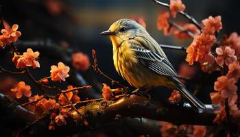 ai generado un pequeño amarillo pájaro encaramado en un rama, canto en naturaleza generado por ai foto